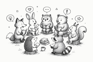 Woodland animals sharing books and ideas illustration