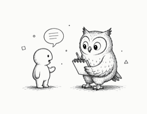 Owl listening to a customer and taking notes illustration